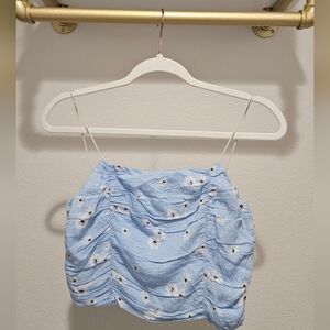 La Hearts Blue Floral Top with Ruched Detail